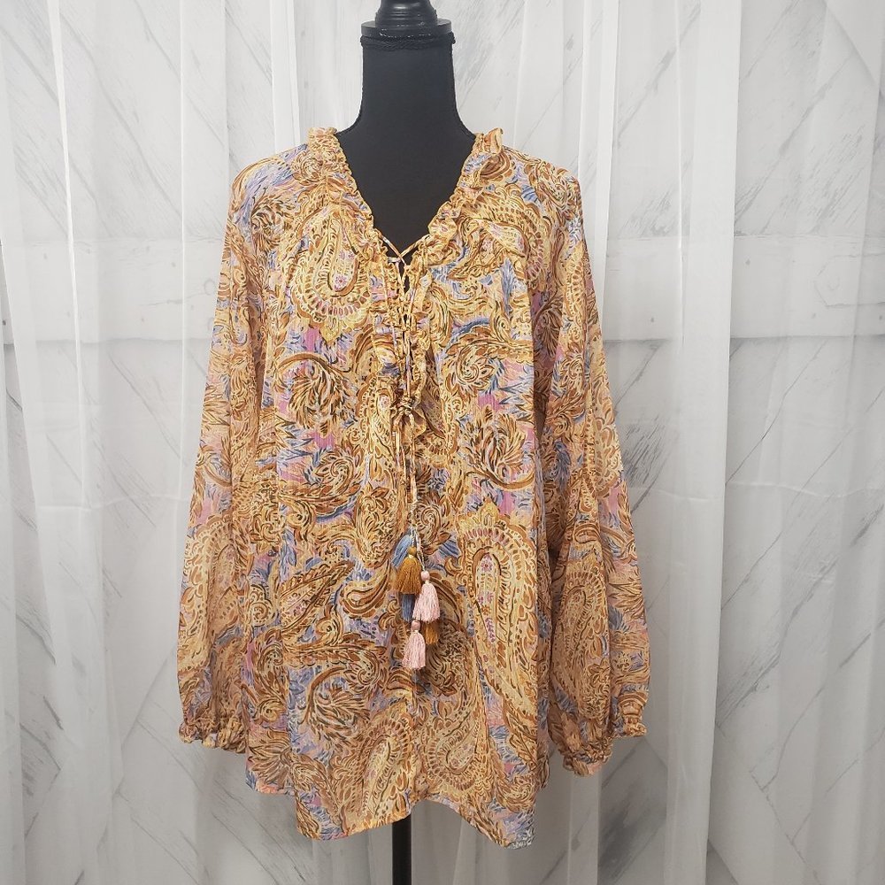 Democracy Orange Paisley Semi Sheer Tassel Peasant Blouse Size XL